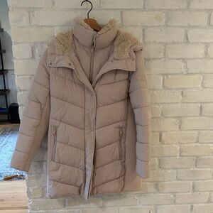 Andrew Marc Beige Puffer Coat with Faux Fur Trim